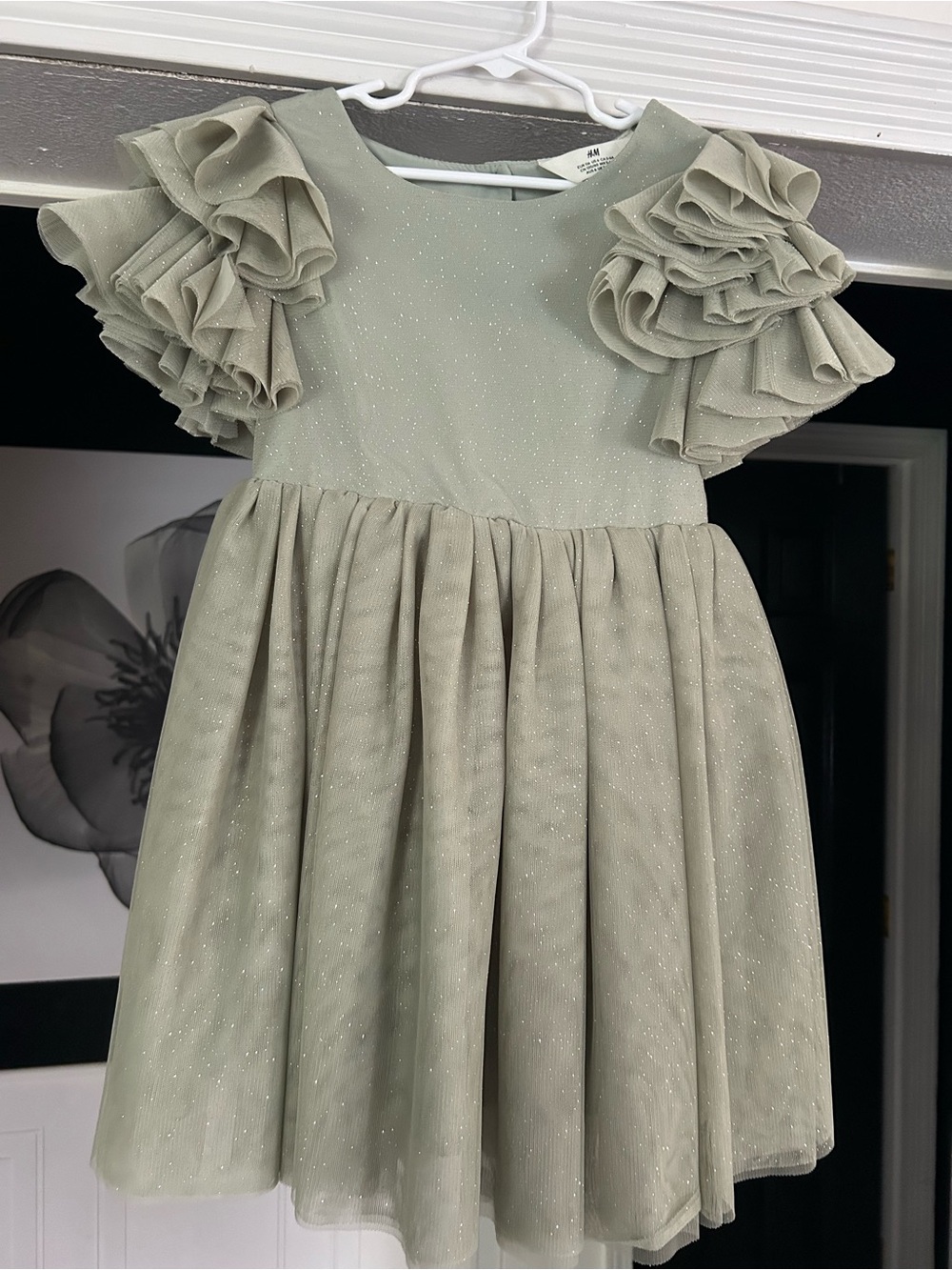 H&M Girls Sage Green Sparkle Ruffle Sleeve Party Dress😍😍